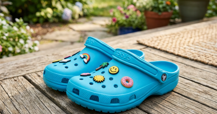 Turquoise garden clogs with colorful charms on a wooden deck